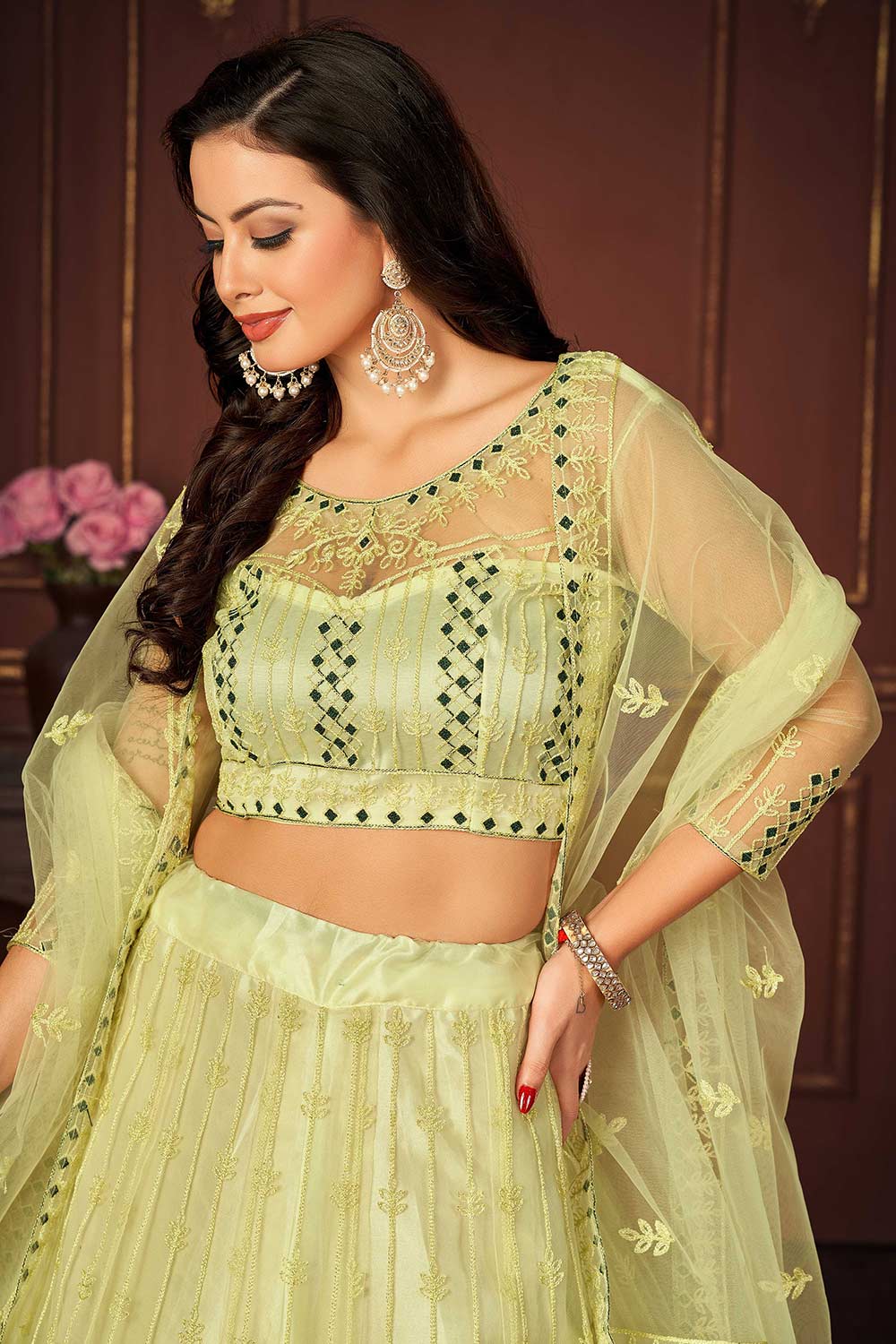 Yellow Net Embroidery Round Neck Lehenga