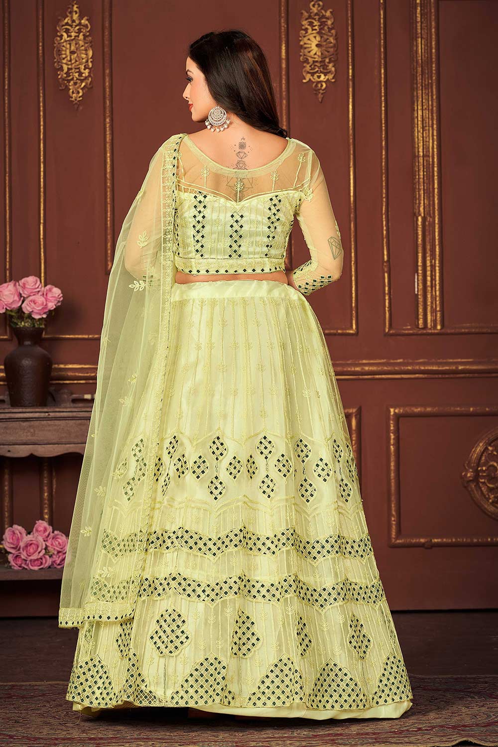 Yellow Net Embroidery Round Neck Lehenga