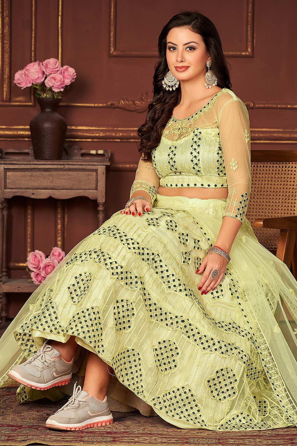 Yellow Net Embroidery Round Neck Lehenga