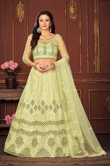 Yellow Net Embroidery Round Neck Lehenga