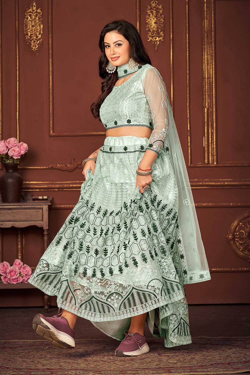 Sky Blue Net Embroidery Round Neck Lehenga