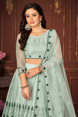 Sky Blue Net Embroidery Round Neck Lehenga