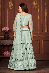 Sky Blue Net Embroidery Round Neck Lehenga