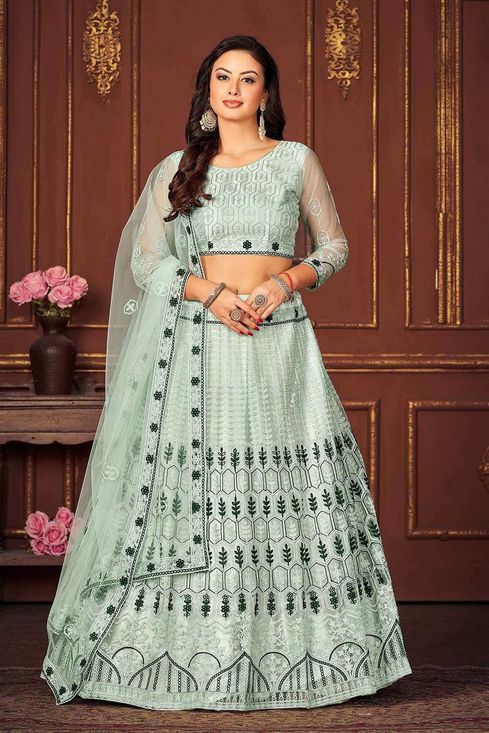 Sky Blue Net Embroidery Round Neck Lehenga