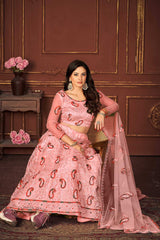 Peach Net Embroidery Round Neck Lehenga