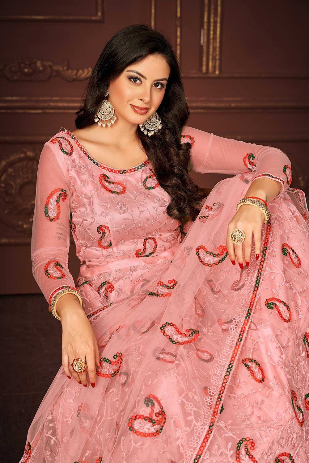 Peach Net Embroidery Round Neck Lehenga