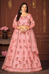 Peach Net Embroidery Round Neck Lehenga