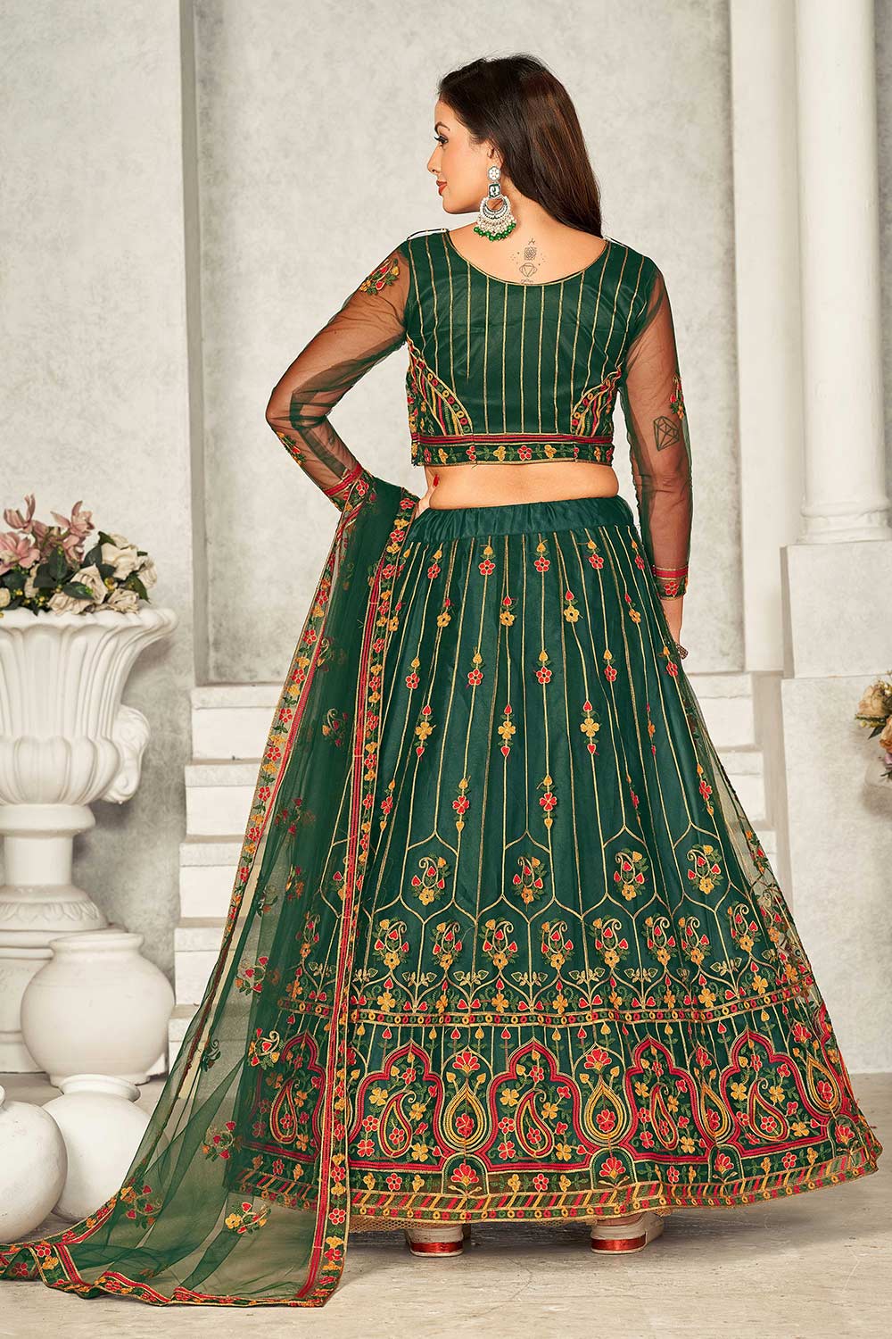 Green Net Embroidery Round Neck Lehenga