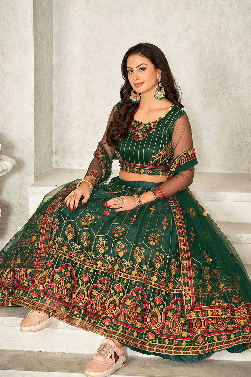 Green Net Embroidery Round Neck Lehenga