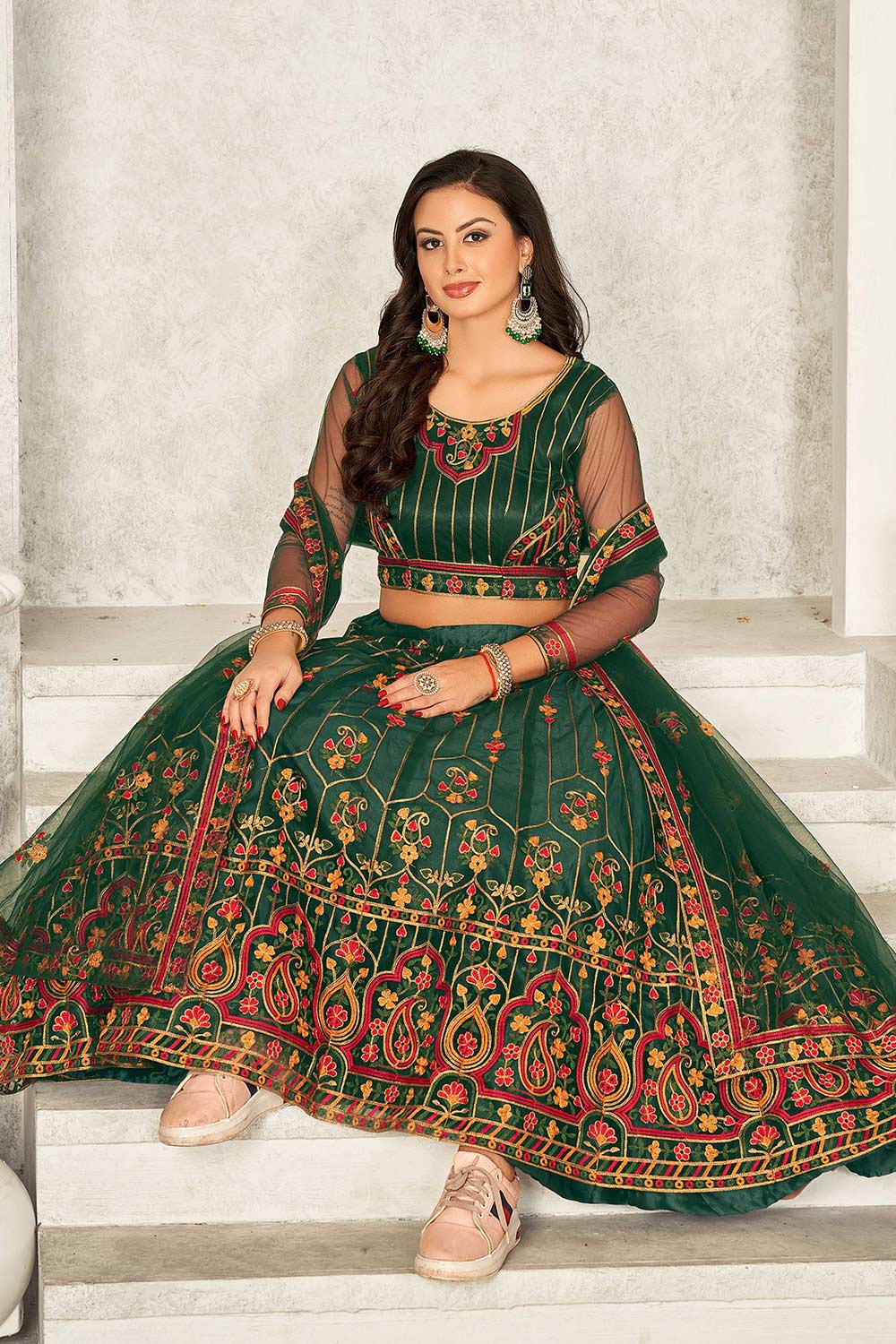 Green Net Embroidery Round Neck Lehenga