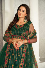 Green Net Embroidery Round Neck Lehenga