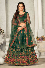 Green Net Embroidery Round Neck Lehenga