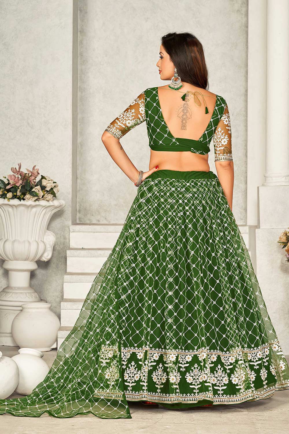 Mehndi Net Embroidery V-Neck Lehenga