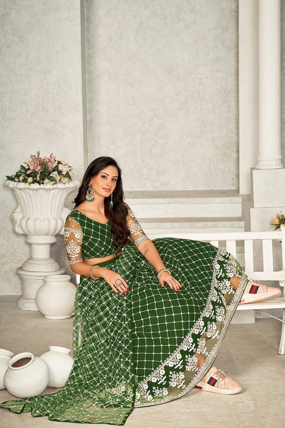 Mehndi Net Embroidery V-Neck Lehenga