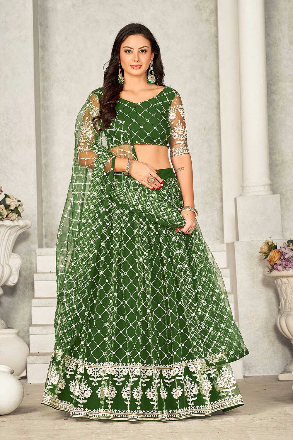 Mehndi Net Embroidery V-Neck Lehenga