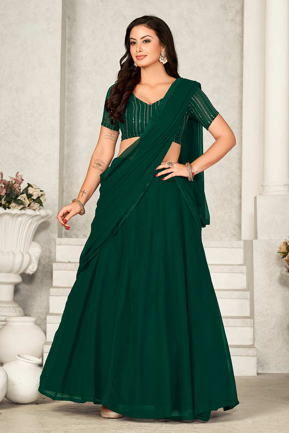 Green Georgette Embroidery & Sequence V-Neck Lehenga