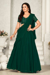 Green Georgette Embroidery & Sequence V-Neck Lehenga