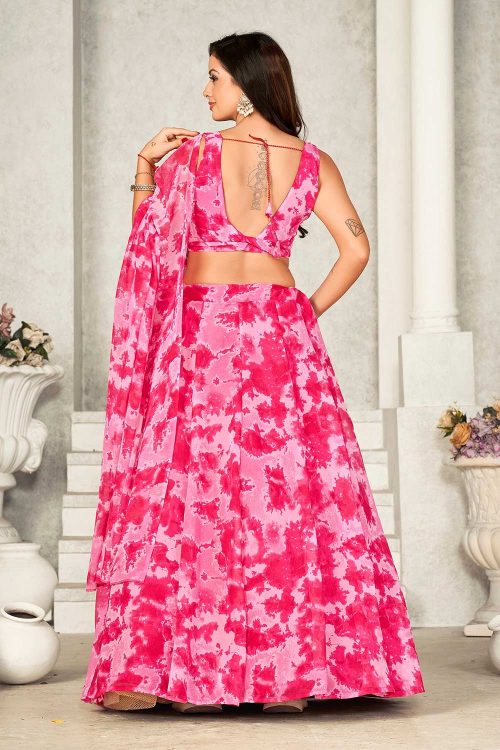 Pink Georgette Printed Round Neck Lehenga