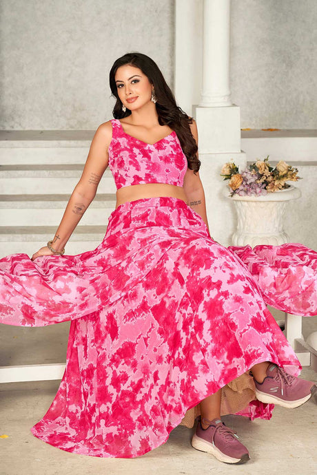 Pink Georgette Printed Round Neck Lehenga