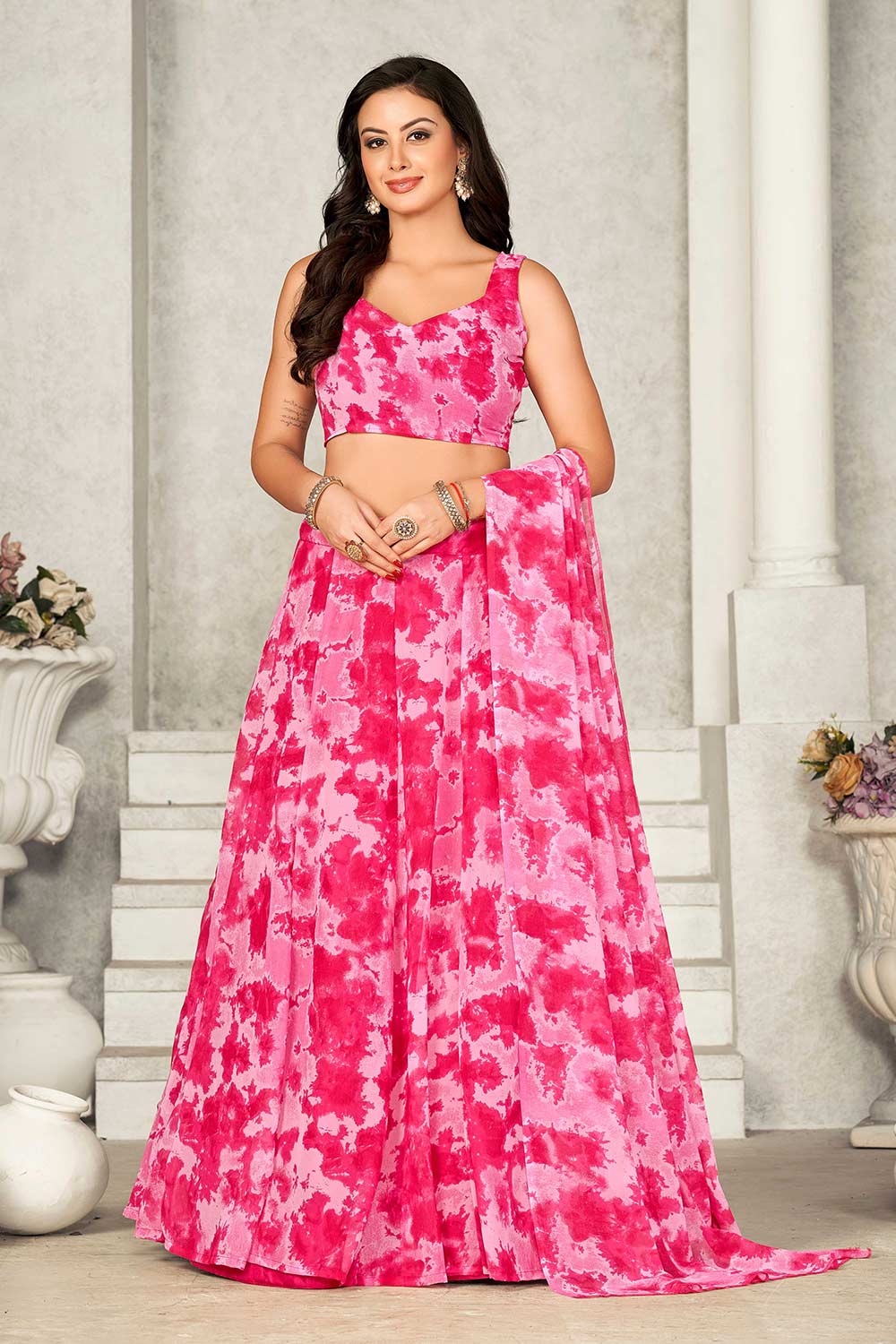 Pink Georgette Printed Round Neck Lehenga