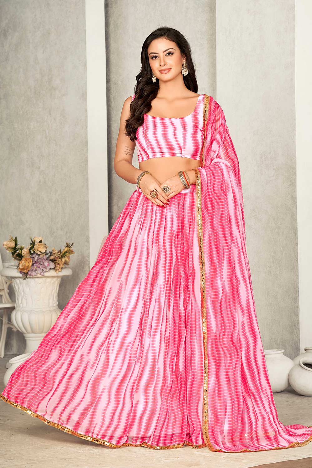 Pink Georgette Printed Round Neck Lehenga