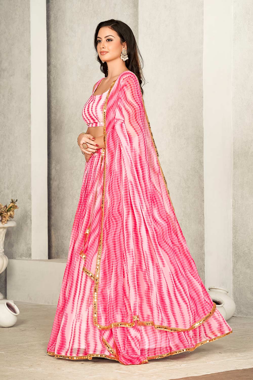 Pink Georgette Printed Round Neck Lehenga