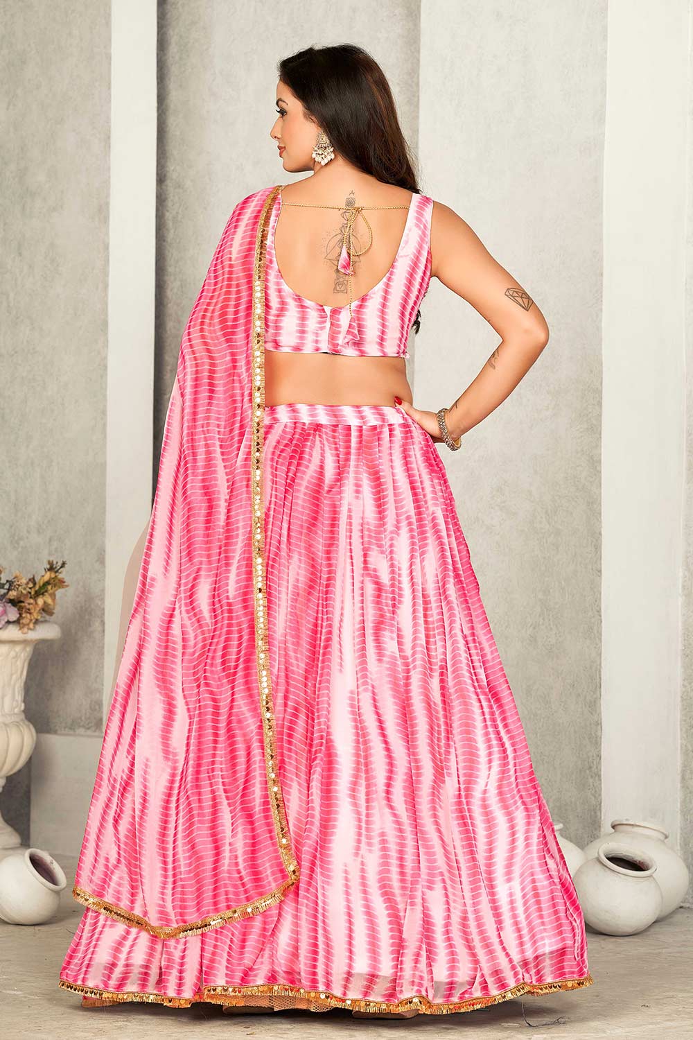 Pink Georgette Printed Round Neck Lehenga