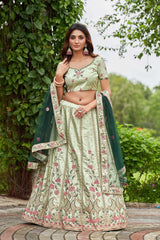 Pista Satin Silk Embroidery Boat Lehenga