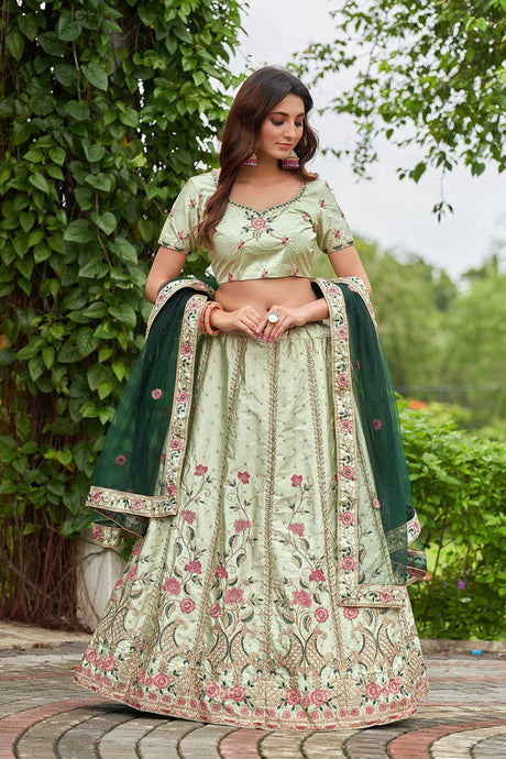 Pista Satin Silk Embroidery Boat Lehenga