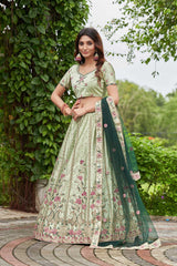 Pista Satin Silk Embroidery Boat Lehenga