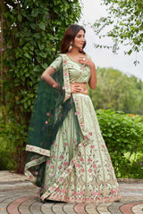 Pista Satin Silk Embroidery Boat Lehenga