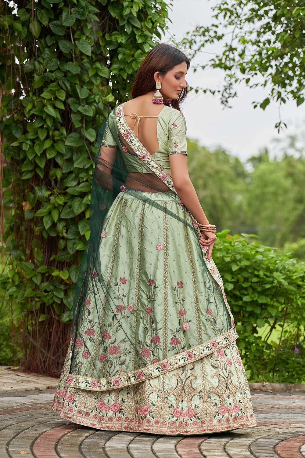 Pista Satin Silk Embroidery Boat Lehenga