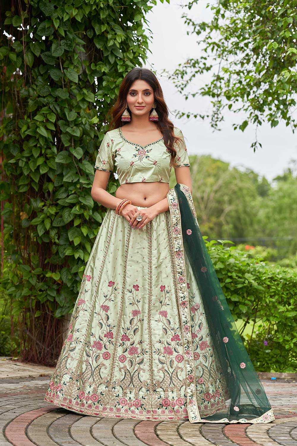 Pista Satin Silk Embroidery Boat Lehenga