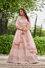 Pink Satin Silk Embroidery Round Neck Lehenga