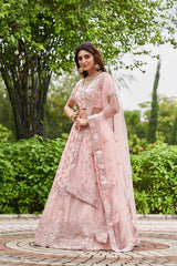 Pink Satin Silk Embroidery Round Neck Lehenga