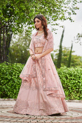 Pink Satin Silk Embroidery Round Neck Lehenga