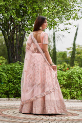 Pink Satin Silk Embroidery Round Neck Lehenga