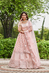 Pink Satin Silk Embroidery Round Neck Lehenga