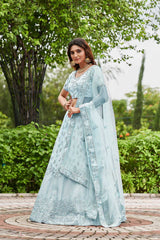 Sky Blue Satin Silk Embroidery Round Neck Lehenga