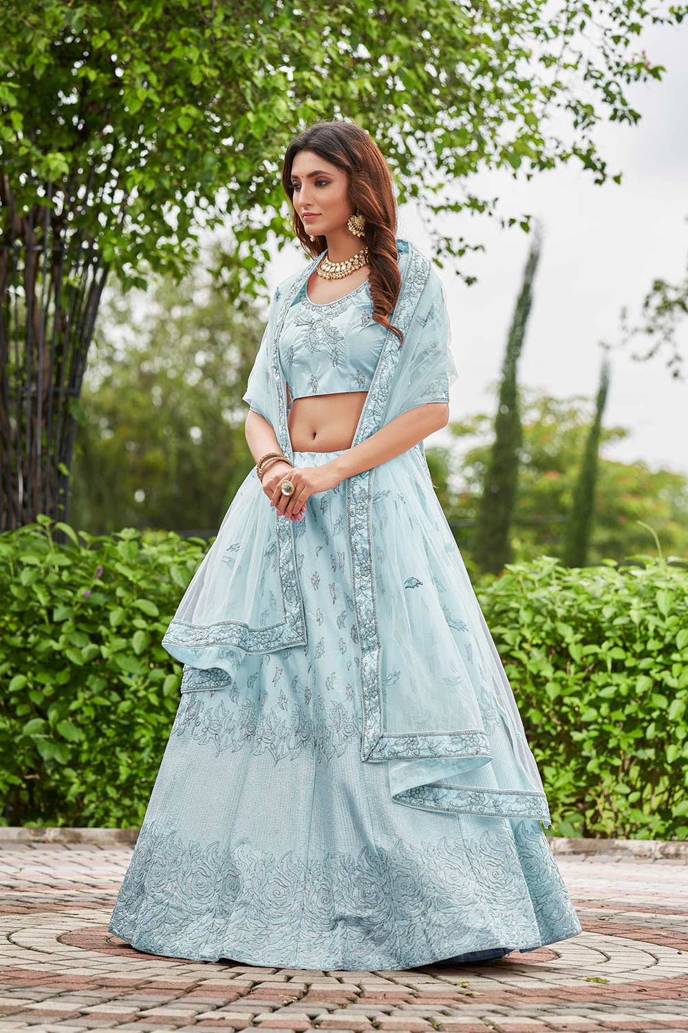 Sky Blue Satin Silk Embroidery Round Neck Lehenga