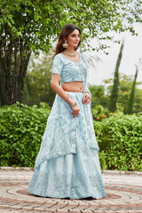 Sky Blue Satin Silk Embroidery Round Neck Lehenga