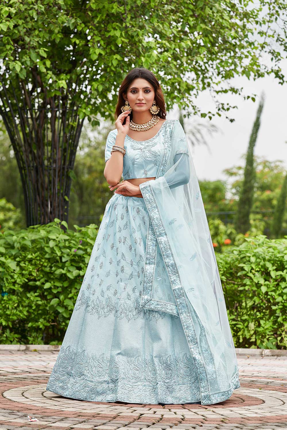 Sky Blue Satin Silk Embroidery Round Neck Lehenga