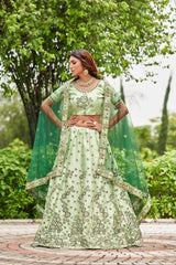 Pista Satin Silk Embroidery Round Neck Lehenga