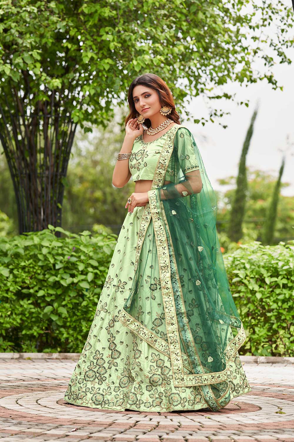 Pista Satin Silk Embroidery Round Neck Lehenga