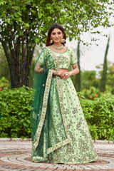 Pista Satin Silk Embroidery Round Neck Lehenga