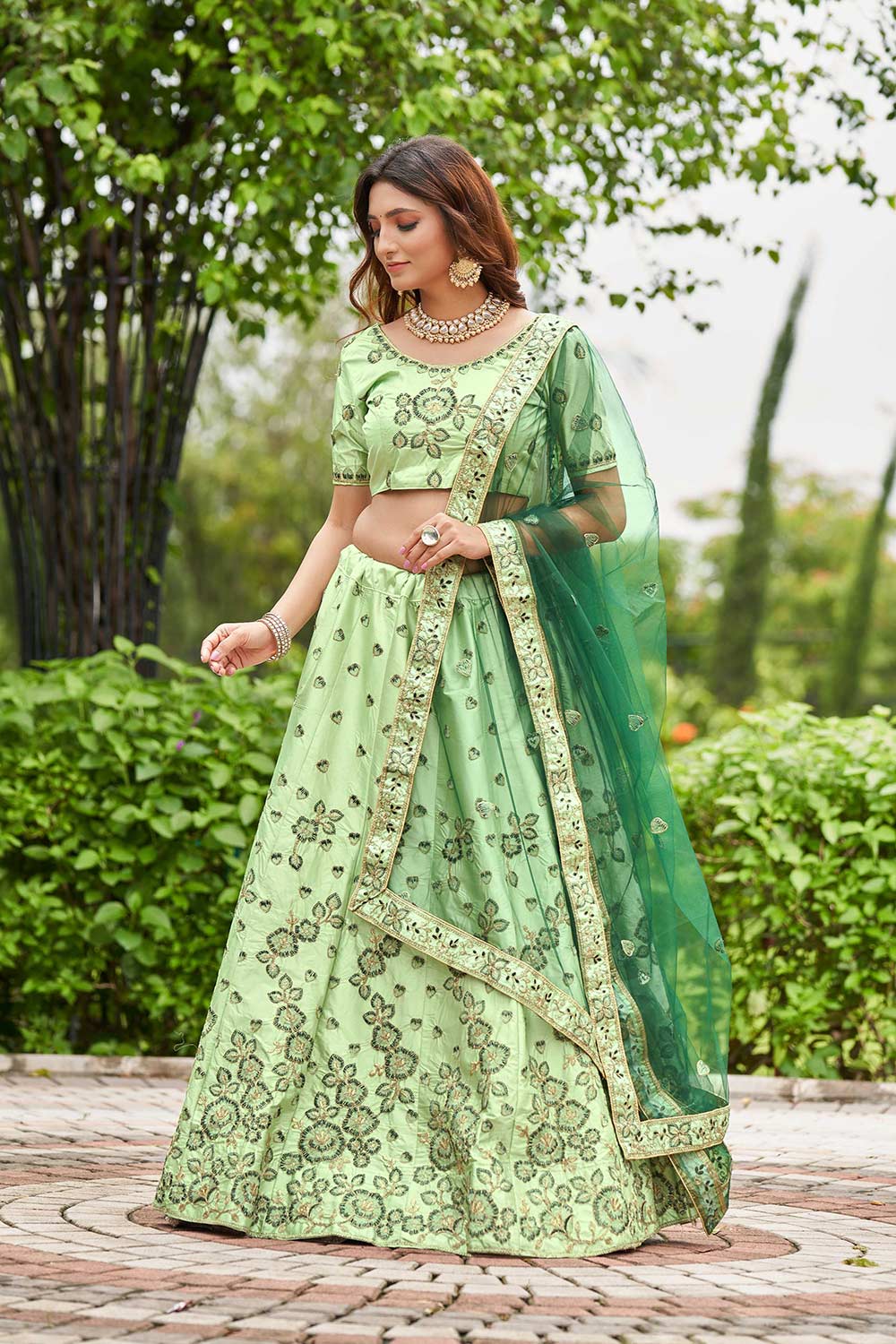 Pista Satin Silk Embroidery Round Neck Lehenga