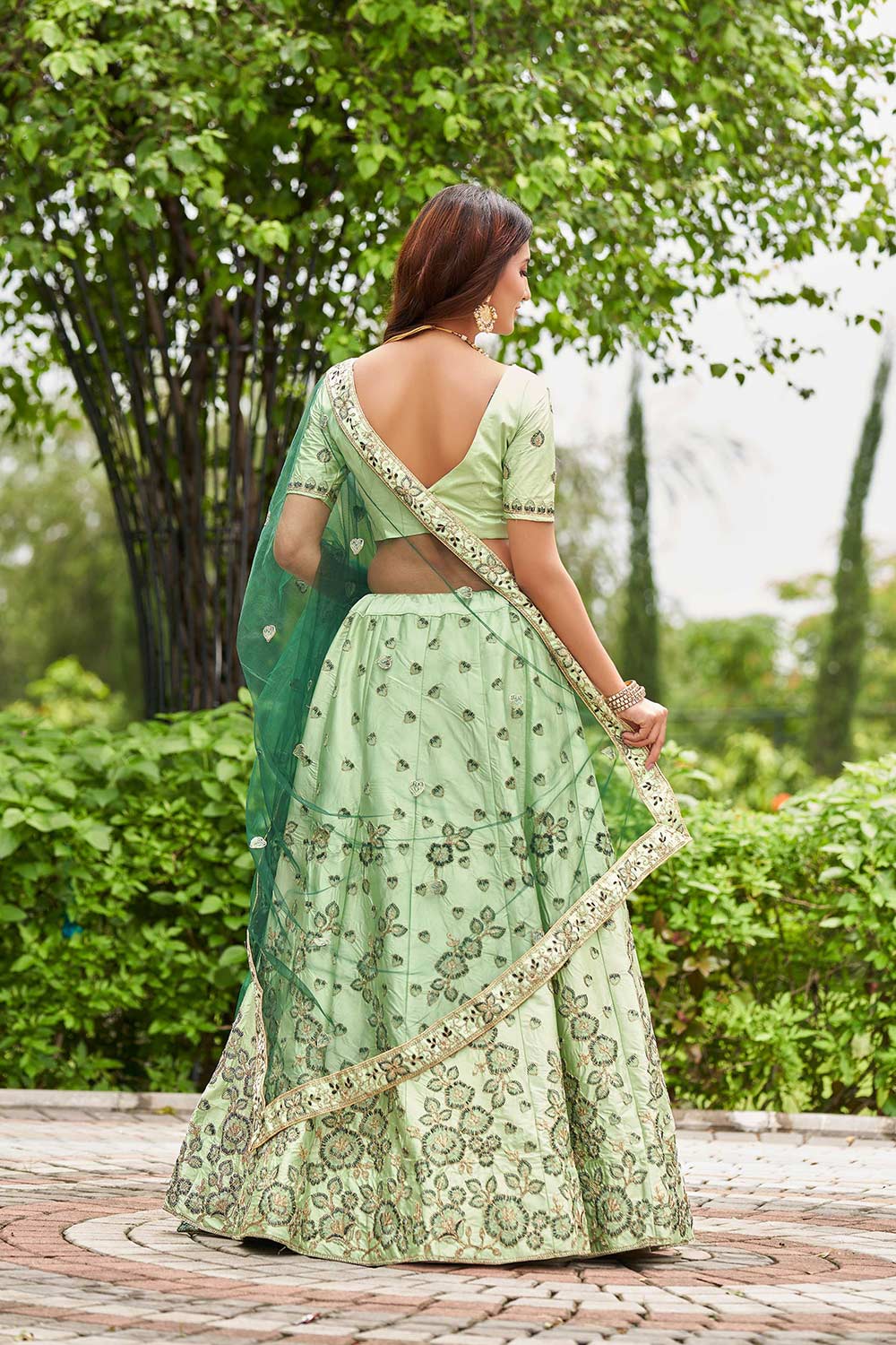 Pista Satin Silk Embroidery Round Neck Lehenga