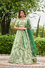 Pista Satin Silk Embroidery Round Neck Lehenga