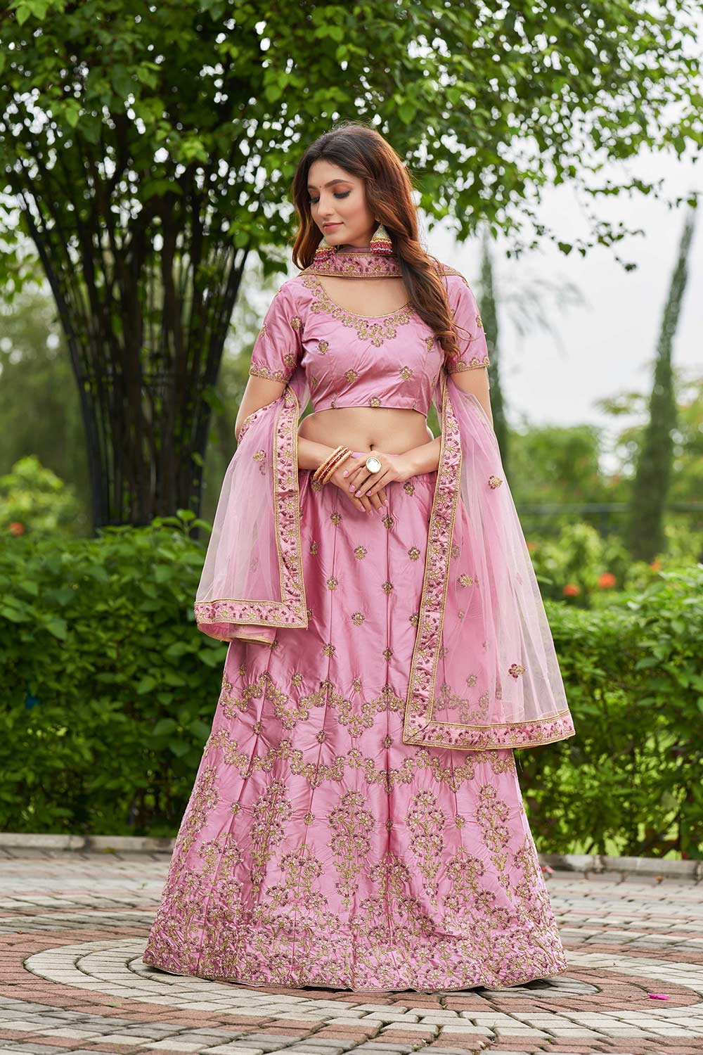 Pink Satin Silk Embroidery Round Neck Lehenga