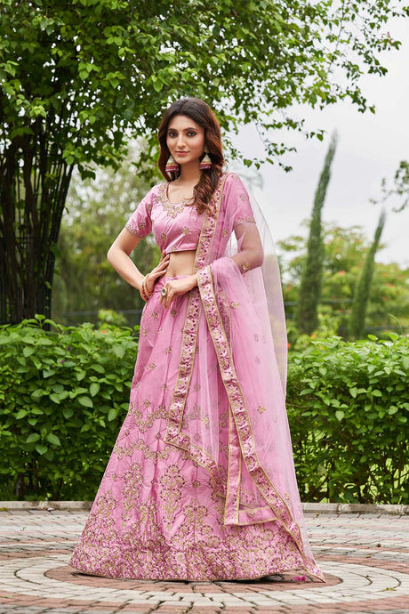 Pink Satin Silk Embroidery Round Neck Lehenga